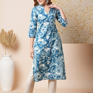 Abstract Floral Printed Straight Fit Kurta - Blue