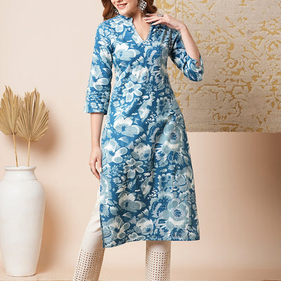 Abstract Floral Printed Straight Fit Kurta - Blue