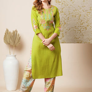 Solid Floral Embroidered Straight Kurta with Printed Pant - Lime Green