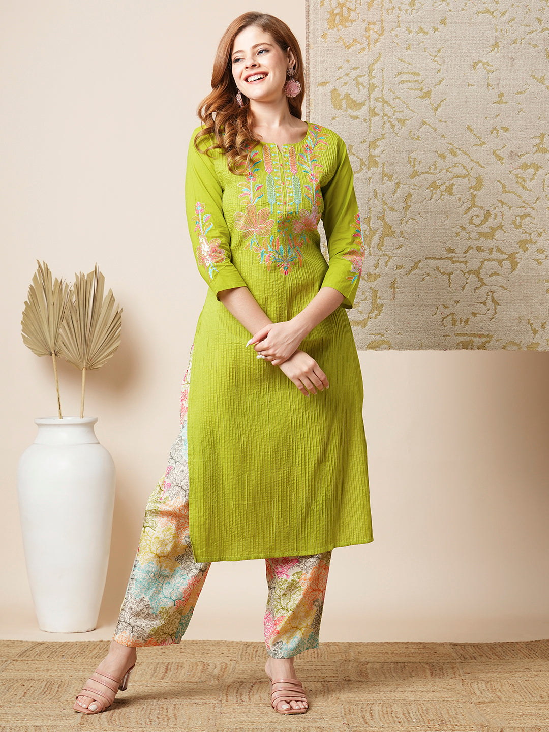 Solid Floral Embroidered Straight Kurta with Printed Pant - Lime Green