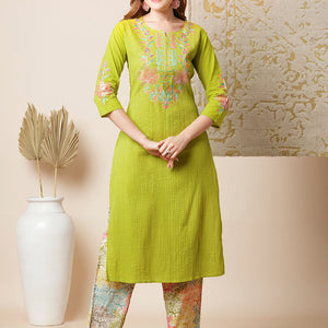 Solid Floral Embroidered Straight Kurta with Printed Pant - Lime Green