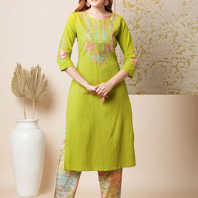 Solid Floral Embroidered Straight Kurta with Printed Pant - Lime Green
