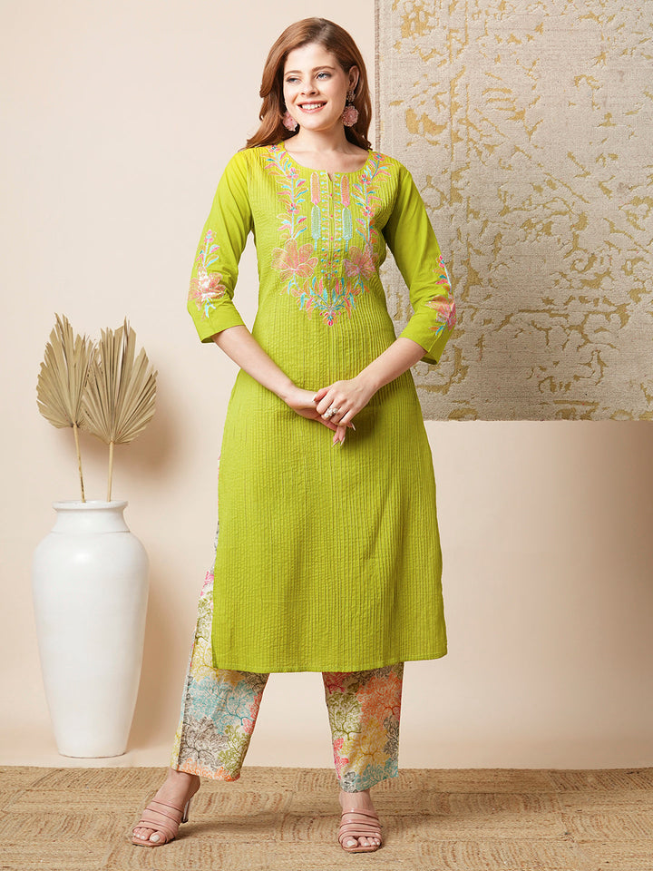 Solid Floral Embroidered Straight Kurta with Printed Pant - Lime Green