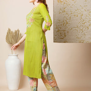 Solid Floral Embroidered Straight Kurta with Printed Pant - Lime Green