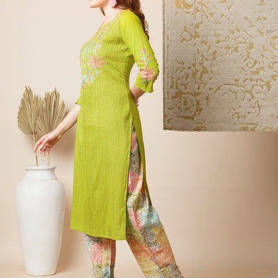 Solid Floral Embroidered Straight Kurta with Printed Pant - Lime Green