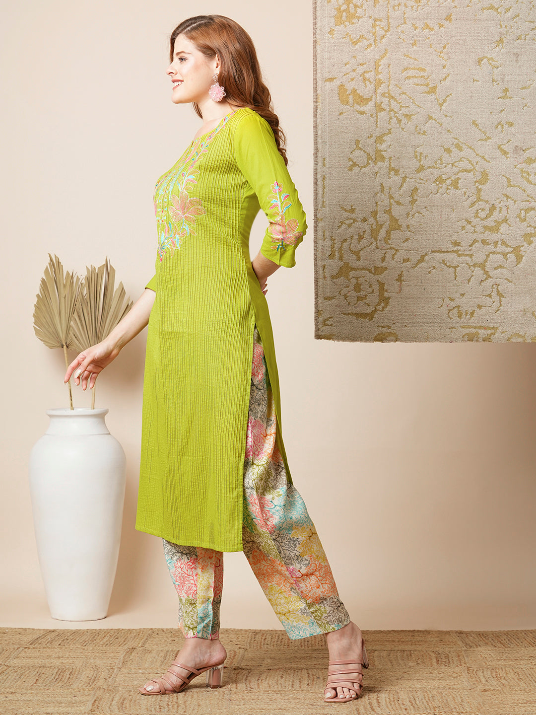 Solid Floral Embroidered Straight Kurta with Printed Pant - Lime Green