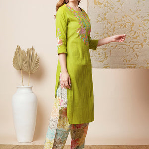 Solid Floral Embroidered Straight Kurta with Printed Pant - Lime Green
