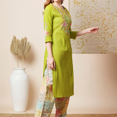 Solid Floral Embroidered Straight Kurta with Printed Pant - Lime Green
