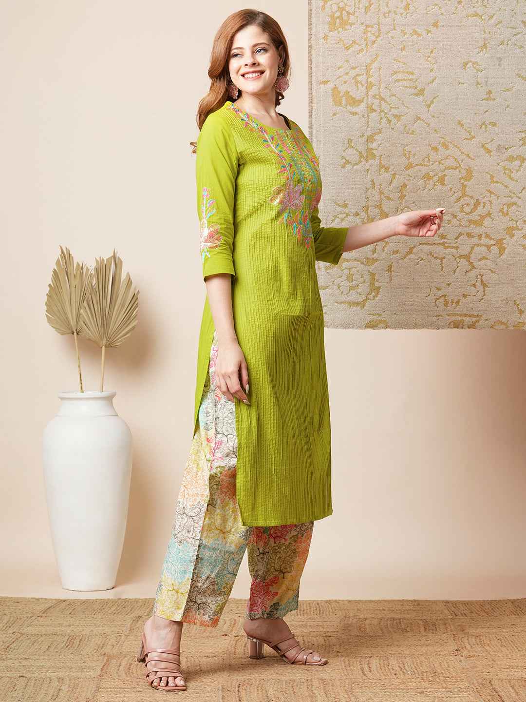 Solid Floral Embroidered Straight Kurta with Printed Pant - Lime Green