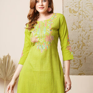 Solid Floral Embroidered Straight Kurta with Printed Pant - Lime Green