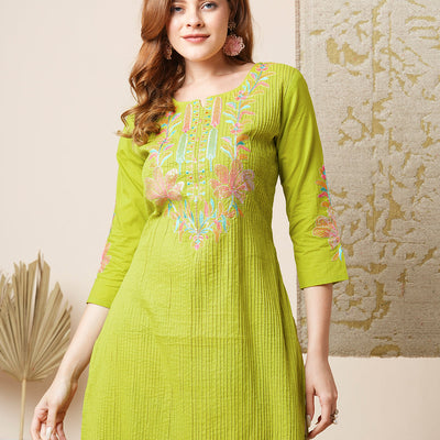 Solid Floral Embroidered Straight Kurta with Printed Pant - Lime Green