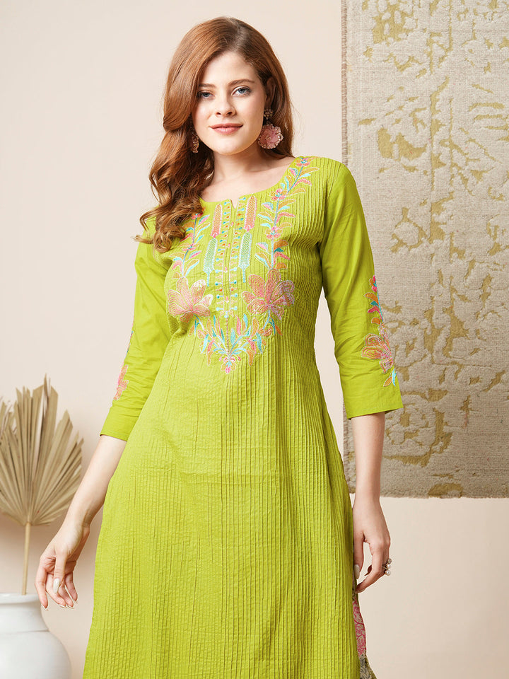 Solid Floral Embroidered Straight Kurta with Printed Pant - Lime Green