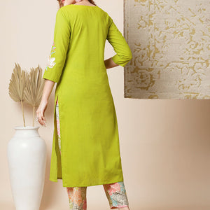 Solid Floral Embroidered Straight Kurta with Printed Pant - Lime Green