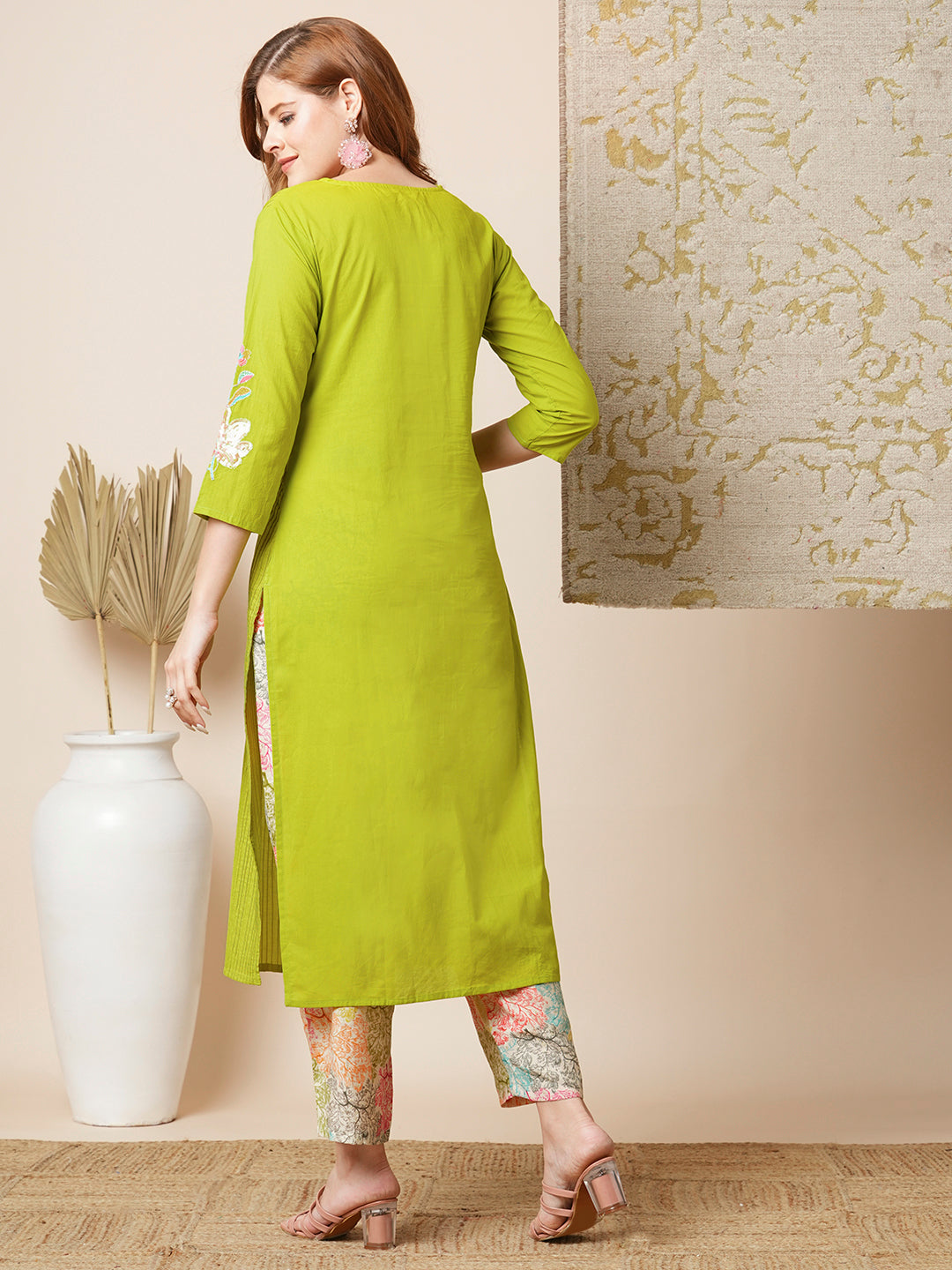 Solid Floral Embroidered Straight Kurta with Printed Pant - Lime Green