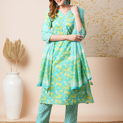 Floral & Chevron Printed Embroidered Kurta with Pant & Dupatta - Blue