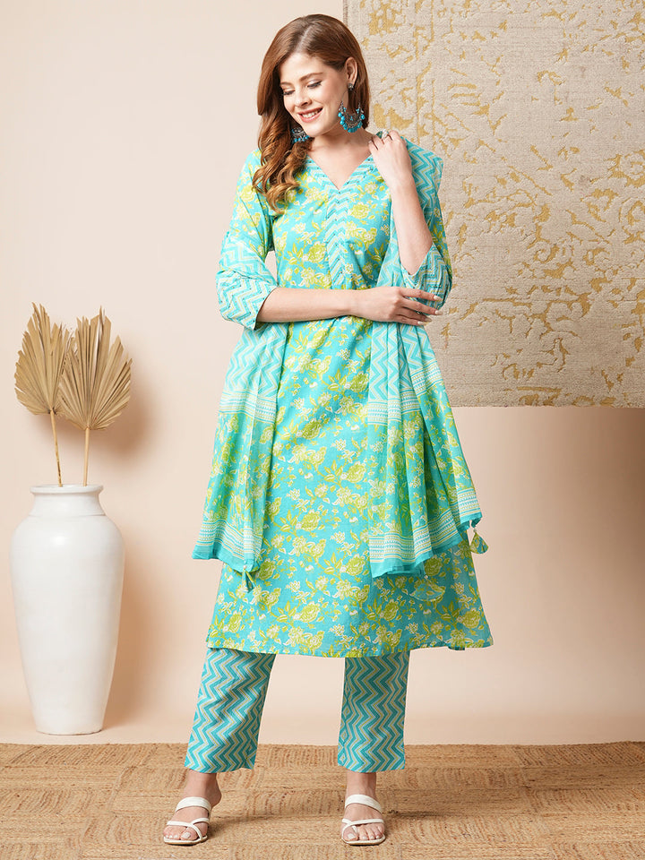 Floral & Chevron Printed Embroidered Kurta with Pant & Dupatta - Blue