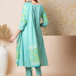 Floral & Chevron Printed Embroidered Kurta with Pant & Dupatta - Blue