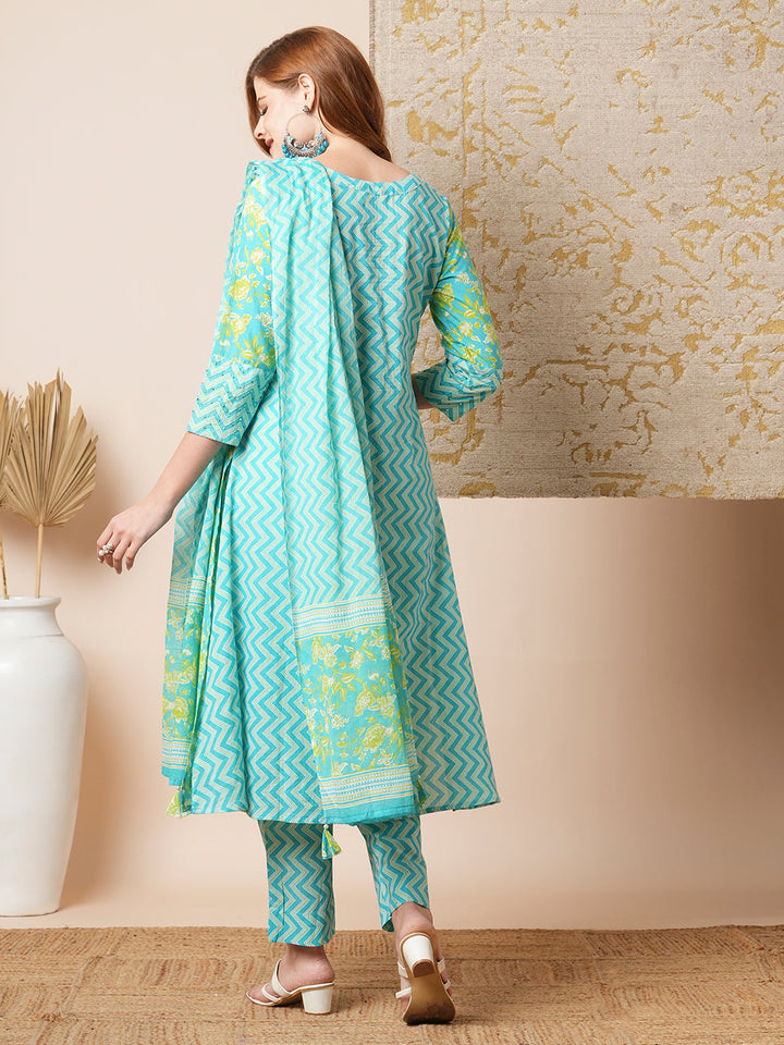 Floral & Chevron Printed Embroidered Kurta with Pant & Dupatta - Blue