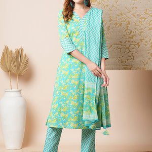 Floral & Chevron Printed Embroidered Kurta with Pant & Dupatta - Blue