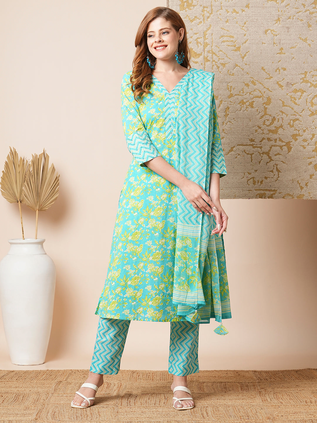 Floral & Chevron Printed Embroidered Kurta with Pant & Dupatta - Blue