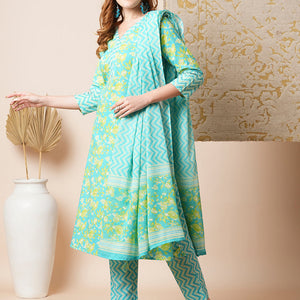 Floral & Chevron Printed Embroidered Kurta with Pant & Dupatta - Blue