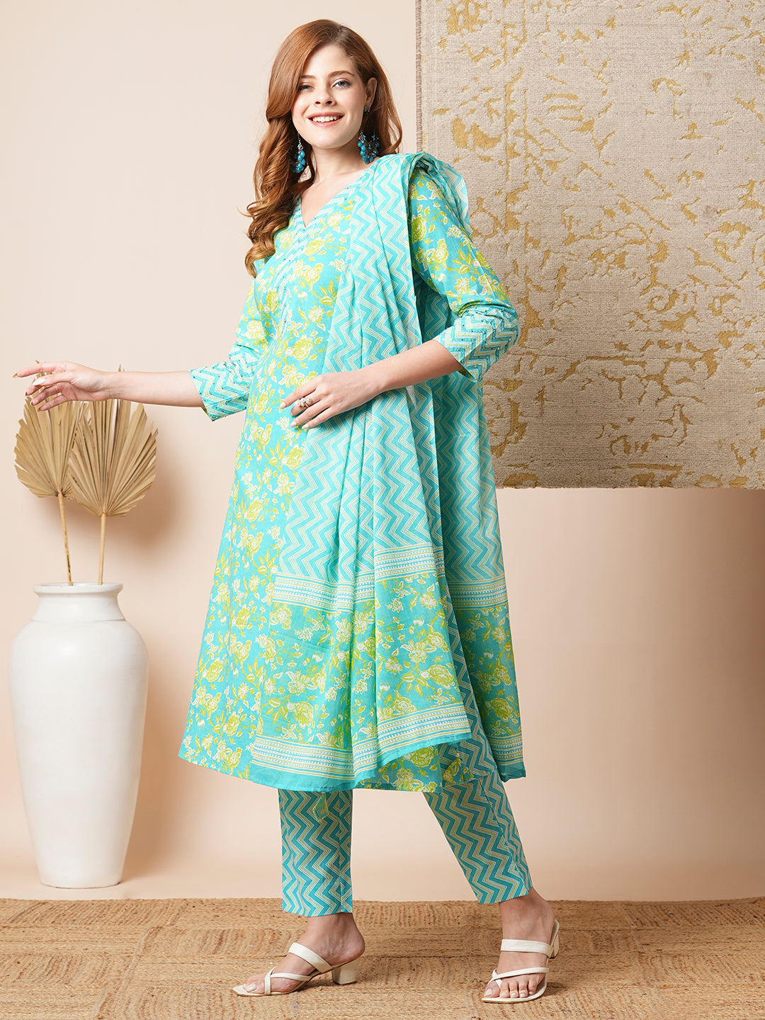 Floral & Chevron Printed Embroidered Kurta with Pant & Dupatta - Blue