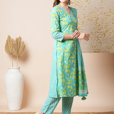 Floral & Chevron Printed Embroidered Kurta with Pant & Dupatta - Blue