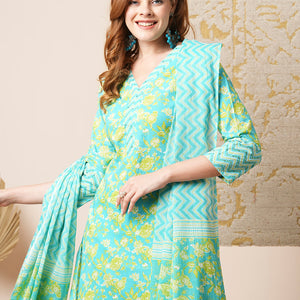 Floral & Chevron Printed Embroidered Kurta with Pant & Dupatta - Blue