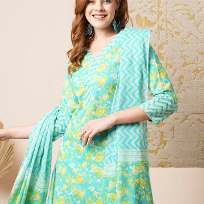 Floral & Chevron Printed Embroidered Kurta with Pant & Dupatta - Blue