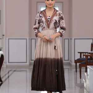 Floral Printed Ombre Dyed Pearl Beading Embellished Tiered Dress - Beige & Brown