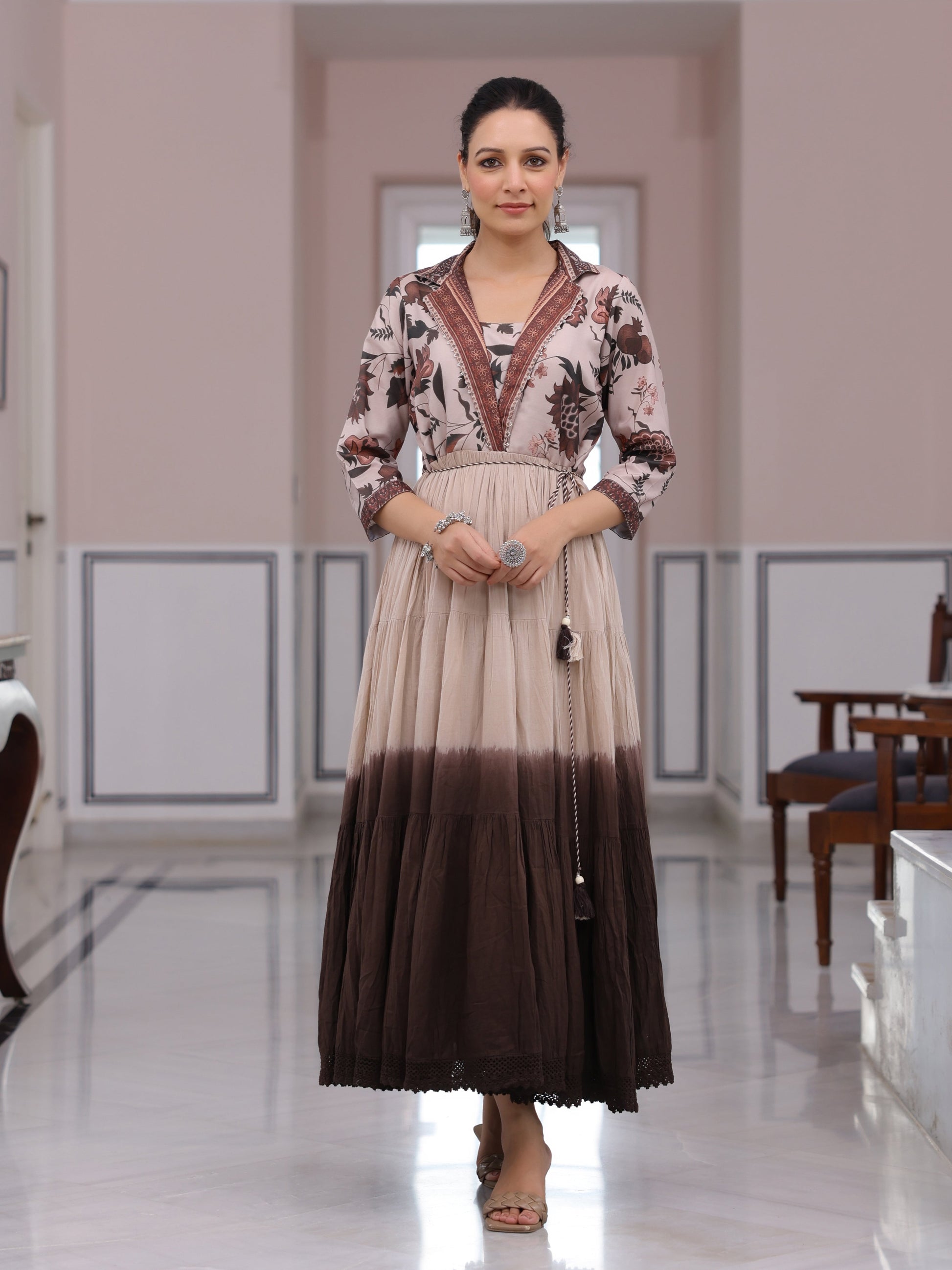 Floral Printed Ombre Dyed Pearl Beading Embellished Tiered Dress - Beige & Brown