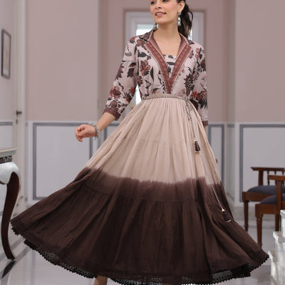 Floral Printed Ombre Dyed Pearl Beading Embellished Tiered Dress - Beige & Brown