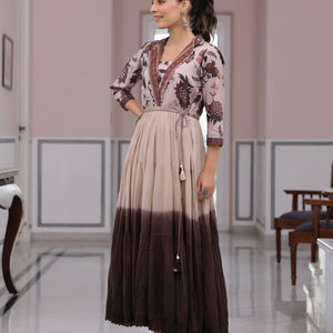 Floral Printed Ombre Dyed Pearl Beading Embellished Tiered Dress - Beige & Brown