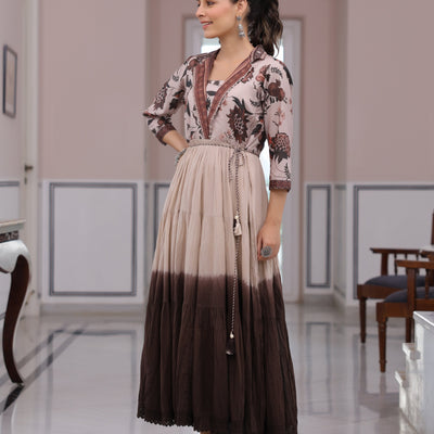 Floral Printed Ombre Dyed Pearl Beading Embellished Tiered Dress - Beige & Brown