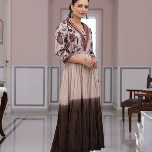 Floral Printed Ombre Dyed Pearl Beading Embellished Tiered Dress - Beige & Brown