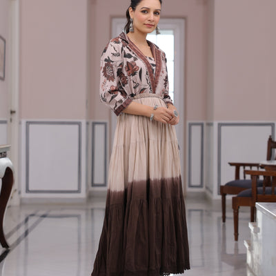 Floral Printed Ombre Dyed Pearl Beading Embellished Tiered Dress - Beige & Brown