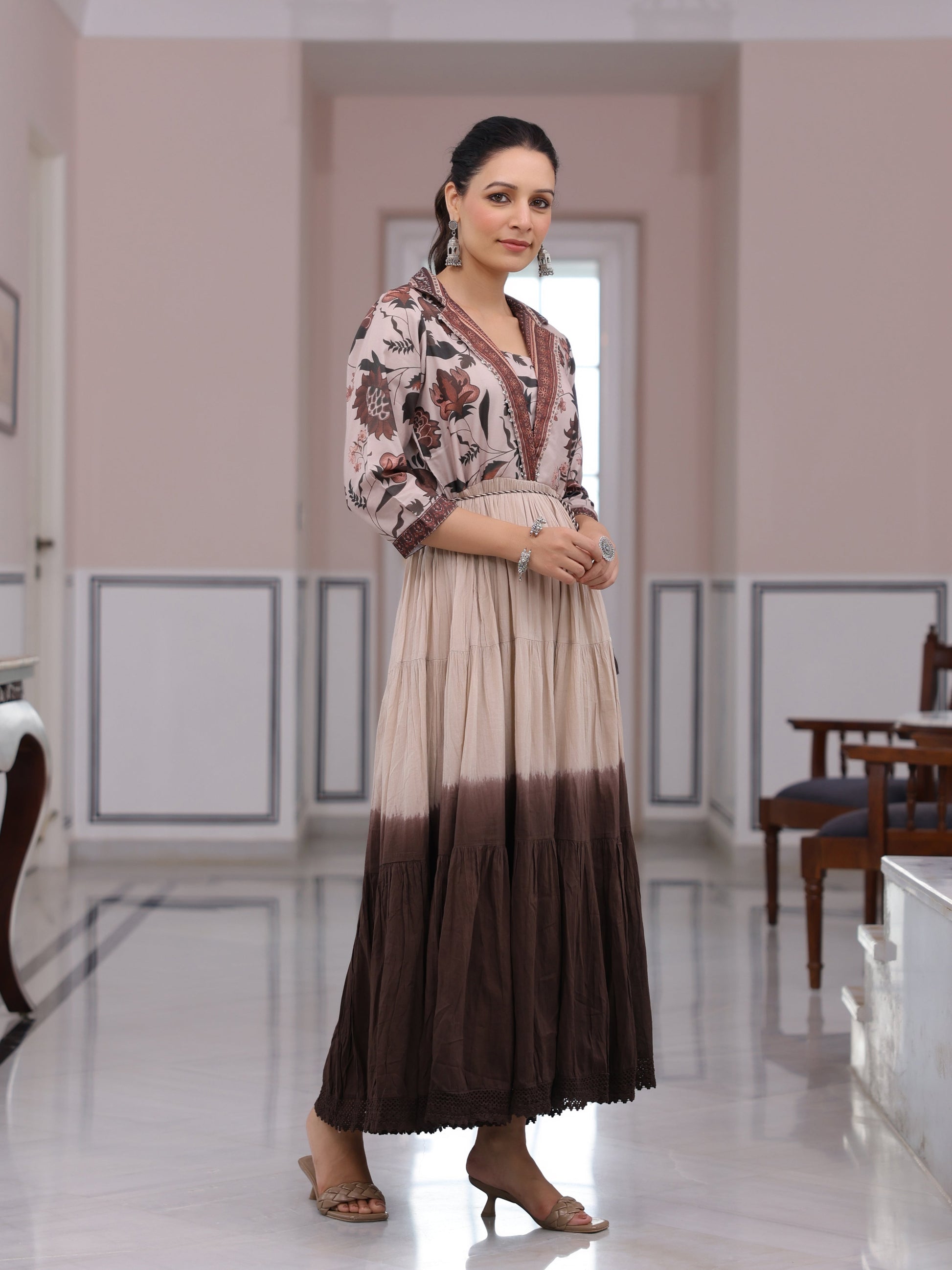 Floral Printed Ombre Dyed Pearl Beading Embellished Tiered Dress - Beige & Brown