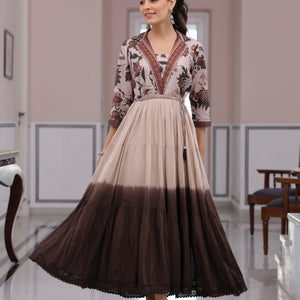 Floral Printed Ombre Dyed Pearl Beading Embellished Tiered Dress - Beige & Brown