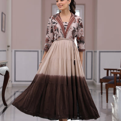 Floral Printed Ombre Dyed Pearl Beading Embellished Tiered Dress - Beige & Brown