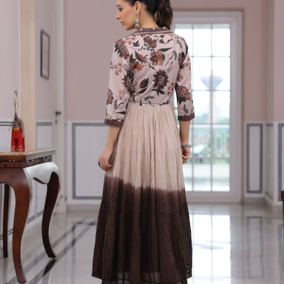 Floral Printed Ombre Dyed Pearl Beading Embellished Tiered Dress - Beige & Brown