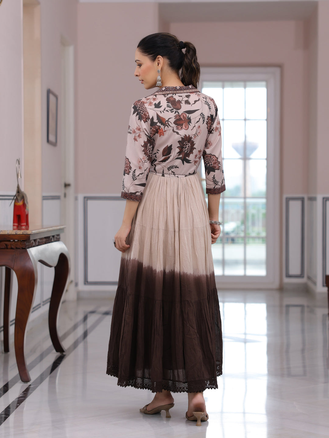 Floral Printed Ombre Dyed Pearl Beading Embellished Tiered Dress - Beige & Brown