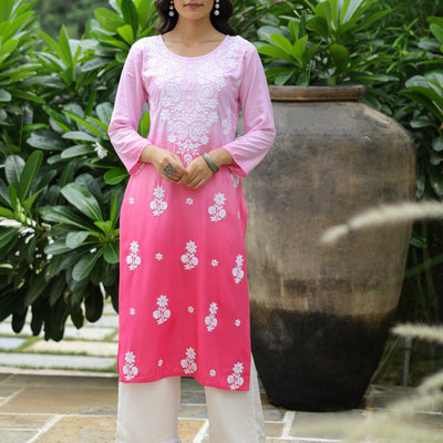 Blue Ombre Dyed & Chikankari Embroidered Straight Fit Kurta - Pink