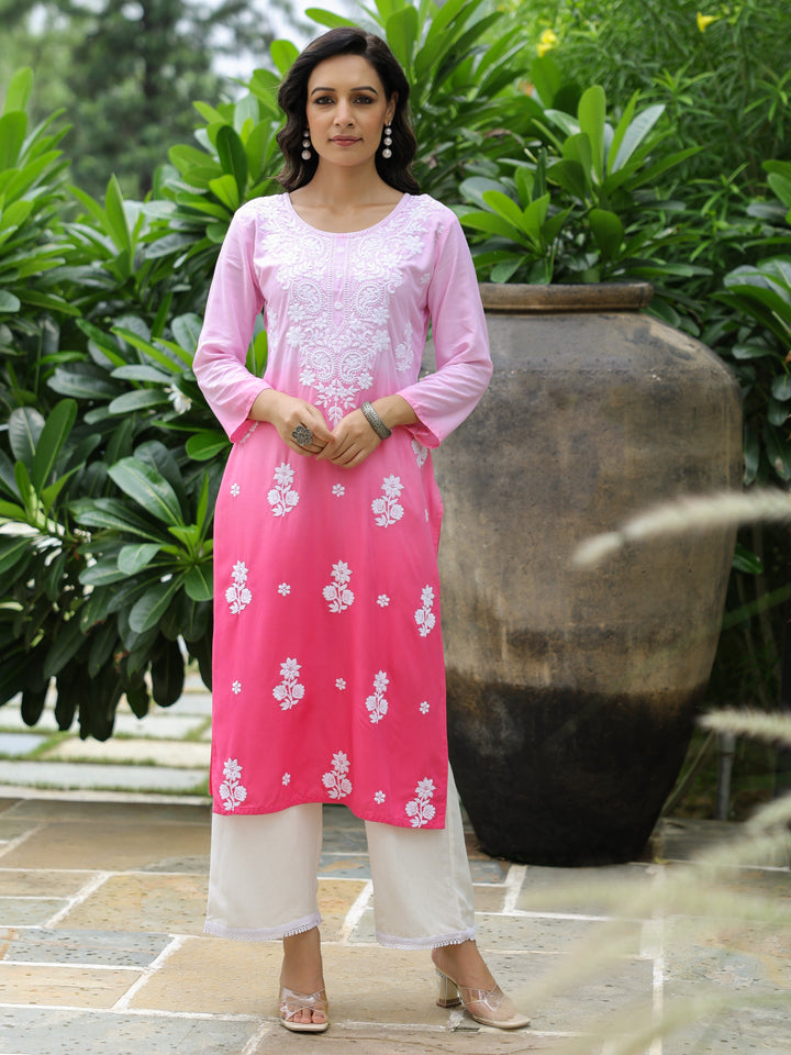 Blue Ombre Dyed & Chikankari Embroidered Straight Fit Kurta - Pink