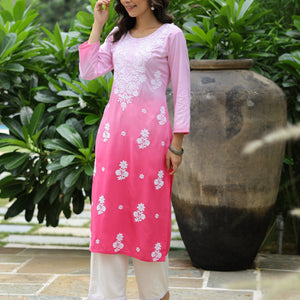 Blue Ombre Dyed & Chikankari Embroidered Straight Fit Kurta - Pink