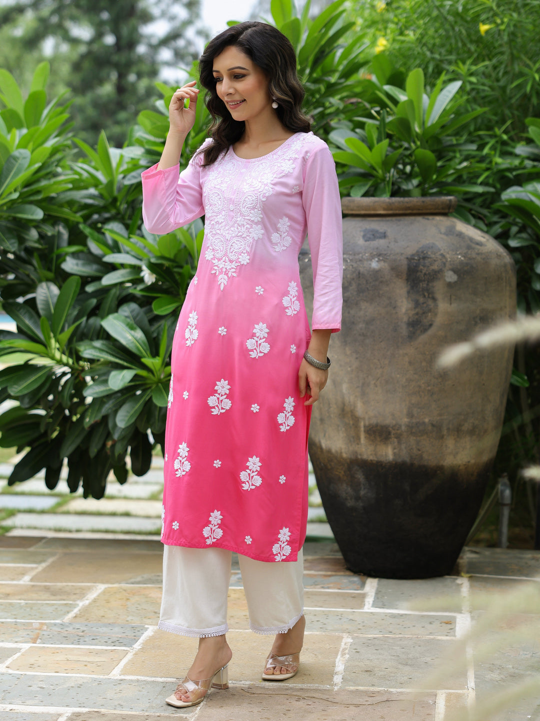 Blue Ombre Dyed & Chikankari Embroidered Straight Fit Kurta - Pink