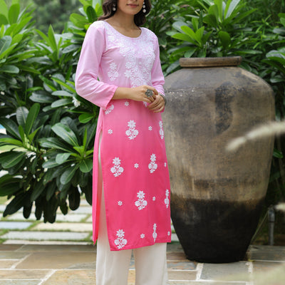 Blue Ombre Dyed & Chikankari Embroidered Straight Fit Kurta - Pink