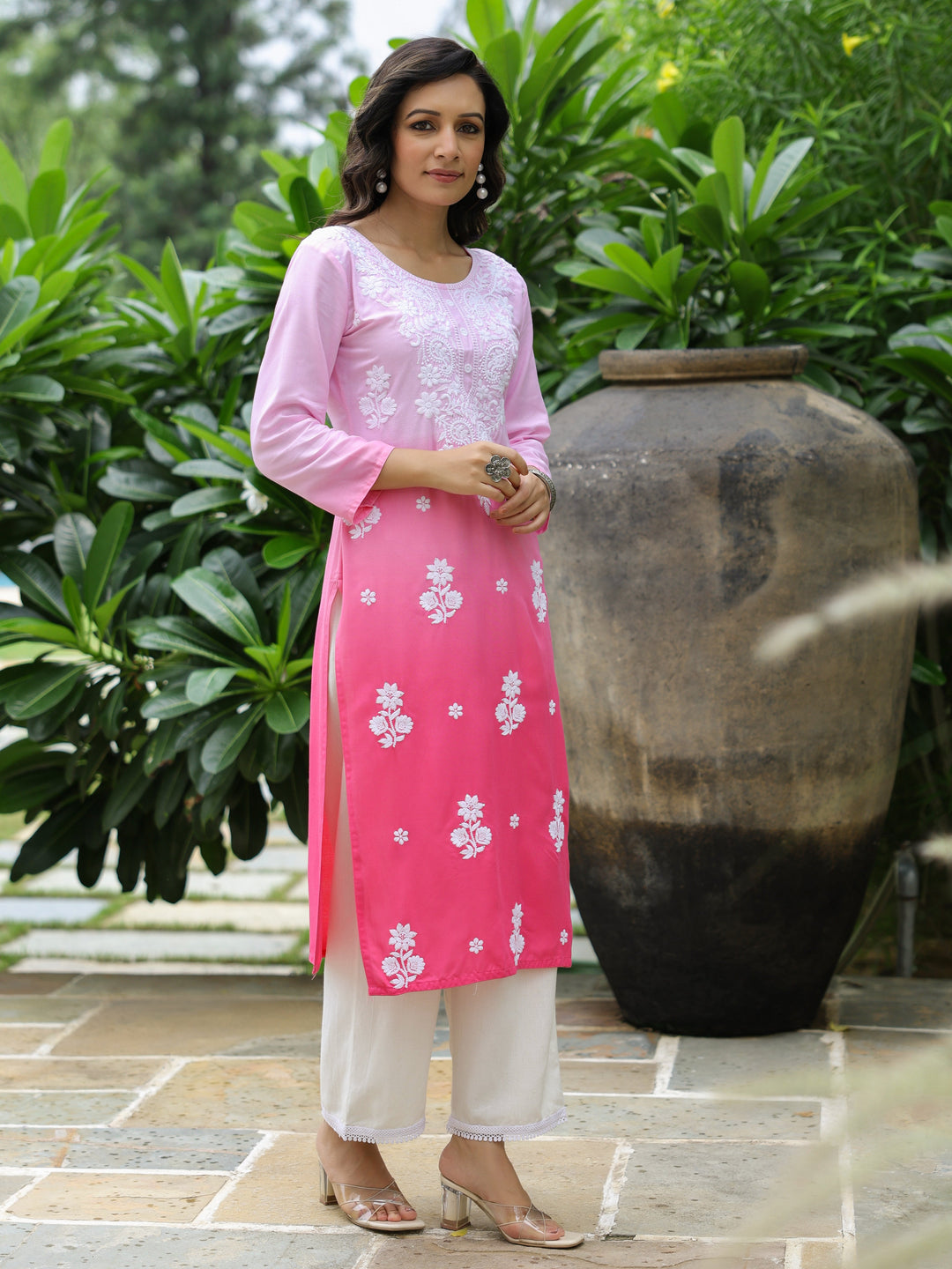 Blue Ombre Dyed & Chikankari Embroidered Straight Fit Kurta - Pink