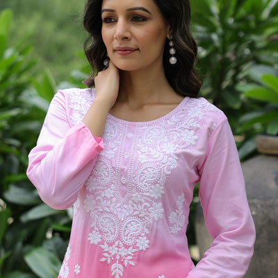 Blue Ombre Dyed & Chikankari Embroidered Straight Fit Kurta - Pink