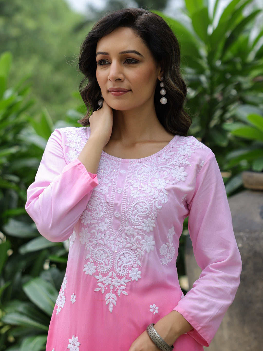 Blue Ombre Dyed & Chikankari Embroidered Straight Fit Kurta - Pink