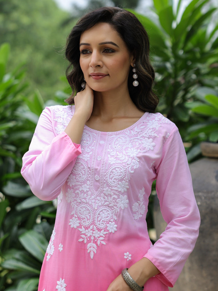 Blue Ombre Dyed & Chikankari Embroidered Straight Fit Kurta - Pink